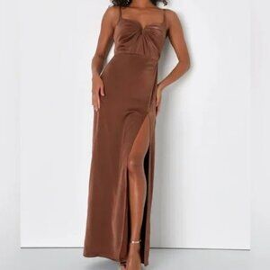 Lulus Lovely Drama Brown Satin Sleeveless A-Line Maxi Dress Size XL NWT